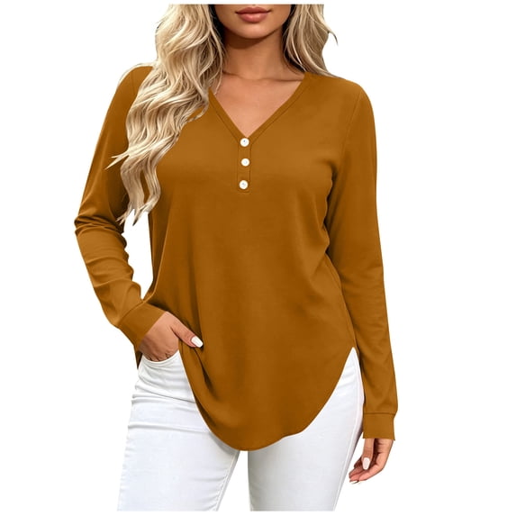 hoksml Women's V Neck Henley Long Sleeve T Shirt, 3 Button Front Curved Hem Casual Blouse, Loose Fit Basic Top Solid Colors