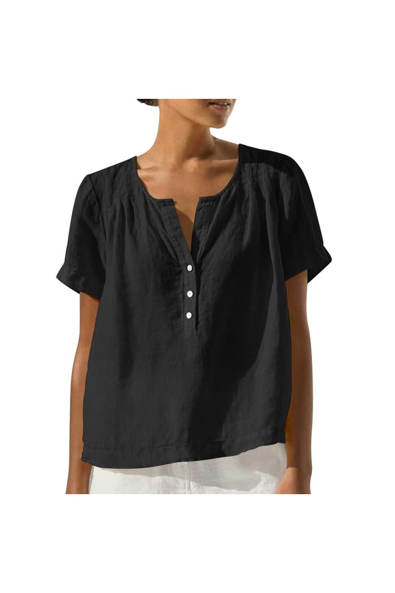 Women's V-Neck Henley Short Sleeve Cotton Linen Blouse, Pleated Shoulder Curved Hem Casual Top for Summer Vacation