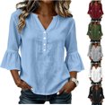 thumbnail image 1 of hoksml Women's V Neck Partial Button 3/4 Bell Sleeve Blouse, Curved Hem Linen Texture Casual Tunic Top for Office Daily Wear, 1 of 8