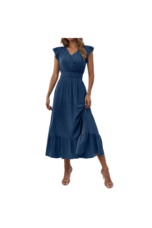Women's V-Neck Ruffle Sleeve Midi Dress with Smocked Waist, Flowy Tiered Ruffle Hem Casual Summer Dress in Multiple Colors