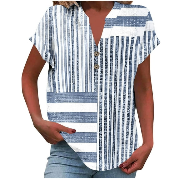 hoksml Women's V-Neck Short Sleeve Blouse with Striped Patchwork Print, Button Placket, and Curved Hem for Casual Wear