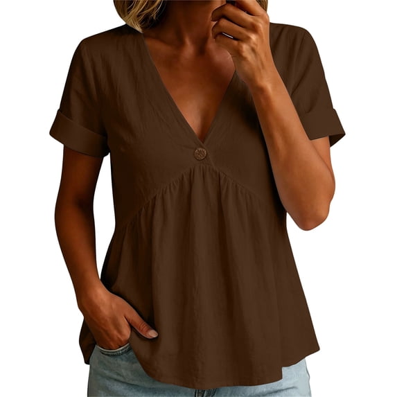 hoksml Women's V-Neck Short Sleeve Peplum Blouse, Cotton Linen Casual Tunic Top with Button Detail