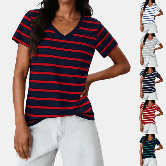 hoksml Women's V-Neck Short Sleeve Striped T-Shirt, Casual Loose Fit Tee for Everyday Wear