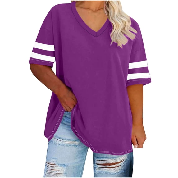 hoksml Women's V Neck Short Sleeve T Shirt Casual Striped Sleeve Loose Fit Tops Comfortable Everyday Wear