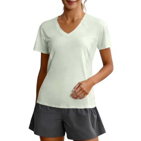 hoksml Women's V-Neck Short Sleeve Workout Shirt with Breathable Mesh Panels, Quick Dry Athletic Top for Running Yoga Gym