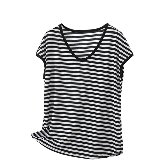 hoksml Women's V-Neck Striped Cap Sleeve T-Shirts Casual Loose Fit Modal Cotton Blend Summer Tops for Daily Wear