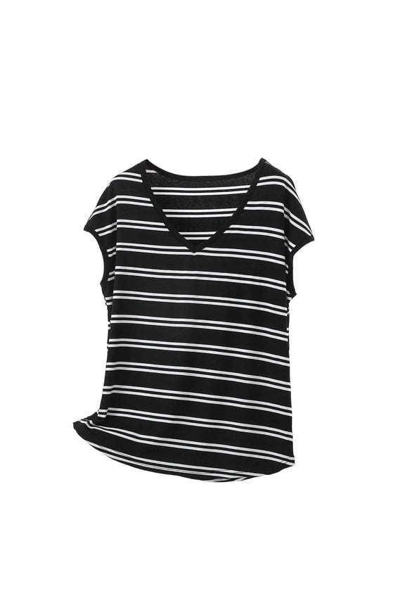 Women's V-Neck Striped Cap Sleeve T-Shirts Casual Loose Fit Modal Cotton Blend Summer Tops for Daily Wear