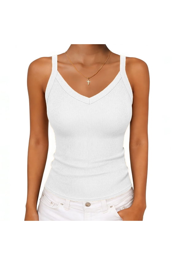 Women's V Neck Thin Strap Ribbed Tank Top, Slim Fit Sleeveless Casual Top for Summer Layering Daily Wear