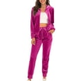 thumbnail image 1 of hoksml Women's Velour Tracksuit Set Spring Fall Long Sleeve Hooded Zip-Up Jacket and Elastic Drawstring Jogger Pants, Casual Two-Piece Sportswear Outfit, 1 of 8