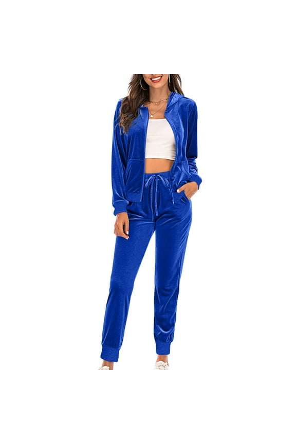 Women's Velour Tracksuit Set Spring Fall Long Sleeve Hooded Zip-Up Jacket and Elastic Drawstring Jogger Pants, Casual Two-Piece Sportswear Outfit