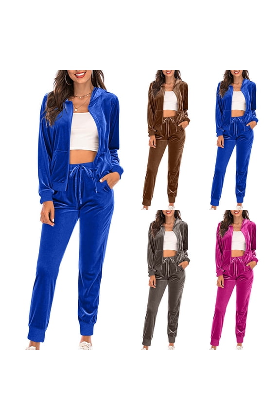 Women's Velour Tracksuit Set Spring Fall Long Sleeve Hooded Zip-Up Jacket and Elastic Drawstring Jogger Pants, Casual Two-Piece Sportswear Outfit