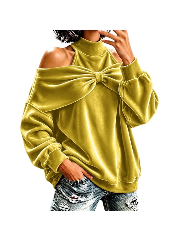 Women's Velvet Cold Shoulder Sweatshirt Turtleneck Bow Front Long Sleeve Pullover Top for Christmas