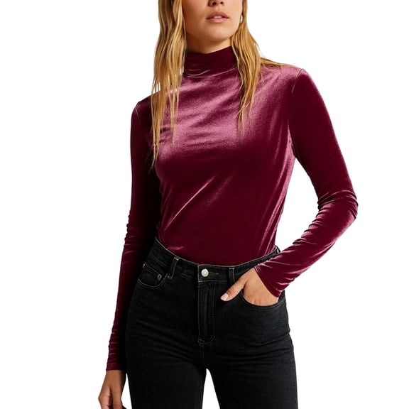 hoksml Women's Velvet Turtle Neck Long Sleeve T-Shirt - Solid Color Stretch Basic Top for Fall Winter, Cozy Layering Tee