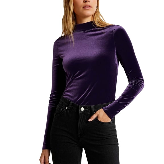 hoksml Women's Velvet Turtle Neck Long Sleeve T-Shirt - Solid Color Stretch Basic Top for Fall Winter, Cozy Layering Tee