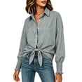 thumbnail image 1 of hoksml Women's Vertical Stripe Button Down Shirt, Smocked Cuff Oversized Pocket Blouse for Office Daily Vacation Wear, 1 of 9