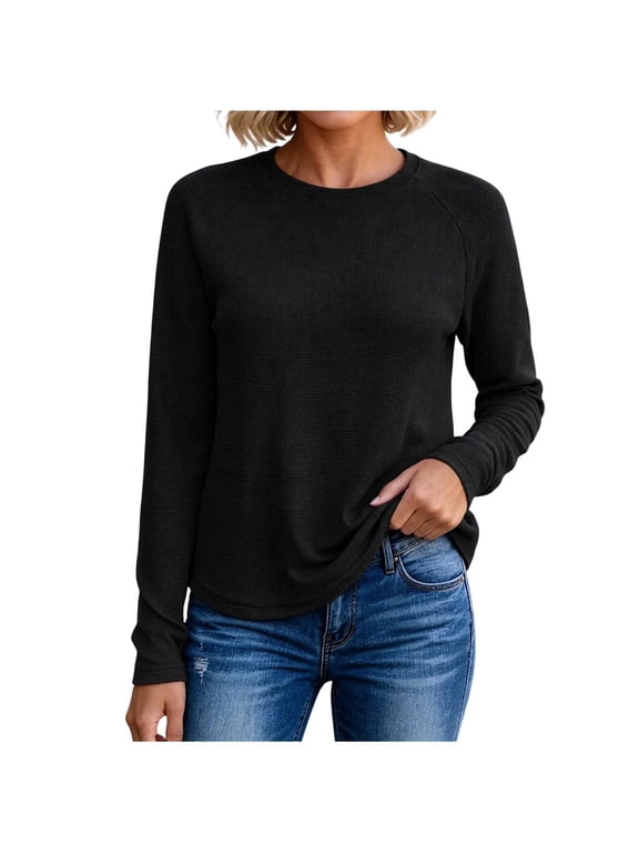 Women's Waffle Knit Long Sleeve Top, Crew Neck Raglan Sleeve Curved Hem Casual Shirt