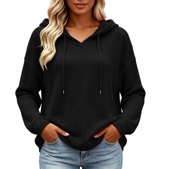 hoksml Women's Waffle Knit V Neck Hoodie, Drawstring Hood with Drop Shoulder Long Sleeve, Loose Curved Hem Casual Pullover for Daily Wear