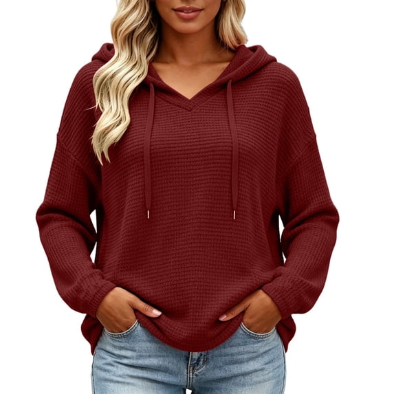 hoksml Women's Waffle Knit V Neck Hoodie, Drawstring Hood with Drop Shoulder Long Sleeve, Loose Curved Hem Casual Pullover for Daily Wear