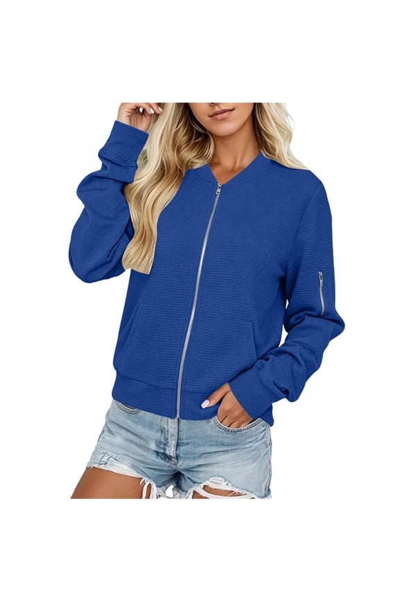 Women's Waffle Knit Zip Up Jacket Long Sleeve Pocket Short Coat for Street Daily Cozy Wear