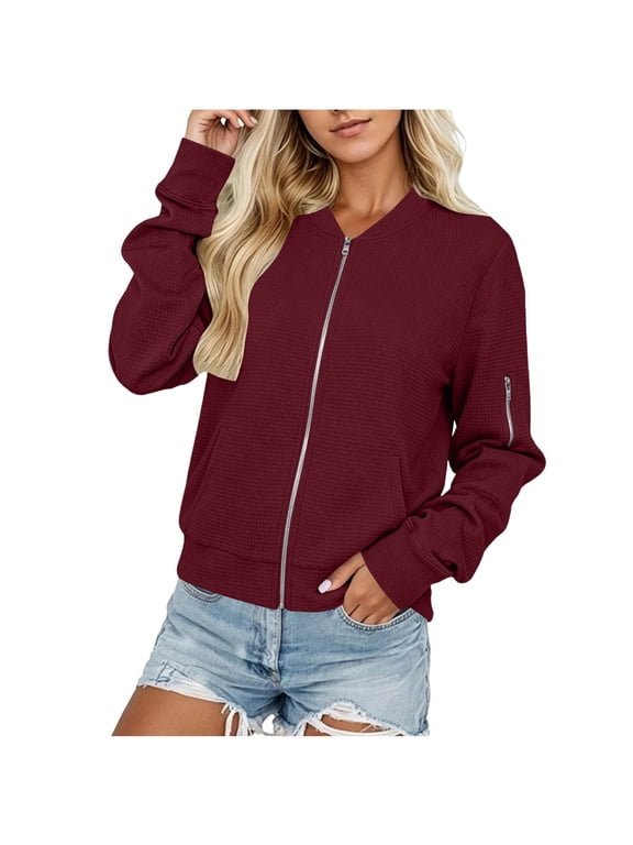 Women's Waffle Knit Zip Up Jacket Long Sleeve Pocket Short Coat for Street Daily Cozy Wear