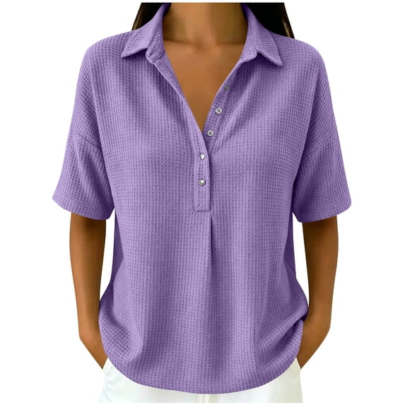 hoksml Women's Waffle Shirt, Short Sleeve Henley Blouse, Loose Fit Casual Top for Daily and Office Wear