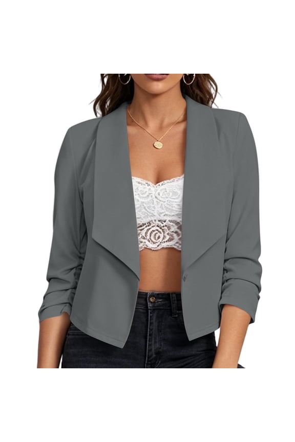 Women's Waterfall Lapel Cropped Blazer, Lightweight Casual Suit Coat with Ruched 3/4 Sleeve