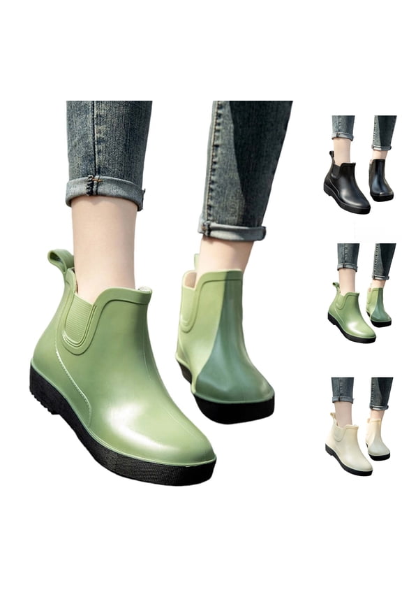 Women's Waterproof Ankle Rain Boots, Slip-On Chelsea Style Rubber Shoes for Outdoor and Daily Wear
