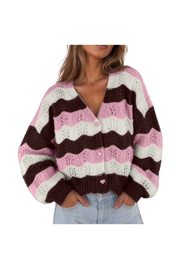 Women's Wave Stripe Hollow Knit Cardigan, V Neck with Heart Buttons and Puff Sleeves, Loose Cropped Sweater Top for Daily Layering