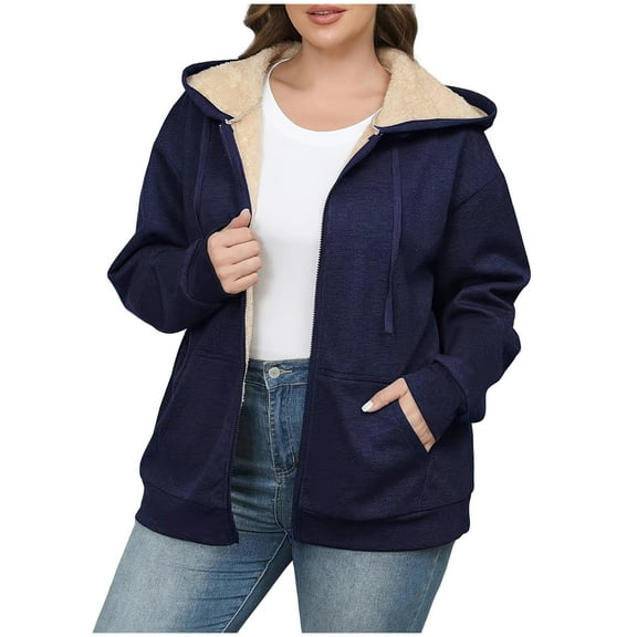 hoksml Women's Winter Fleece Hooded Jacket Zip Up Hoodies Sweatshirts Plus Size Solid Color Long Sleeve Athletic Warm Coat with Pockets XL-5XL