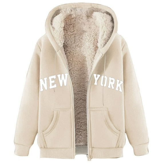 hoksml Women's Winter Fleece Hoodies Coats Solid Letter Pattern Warm Lined Zip Up Hooded Drawstring Sweatshirt Jacket Coat