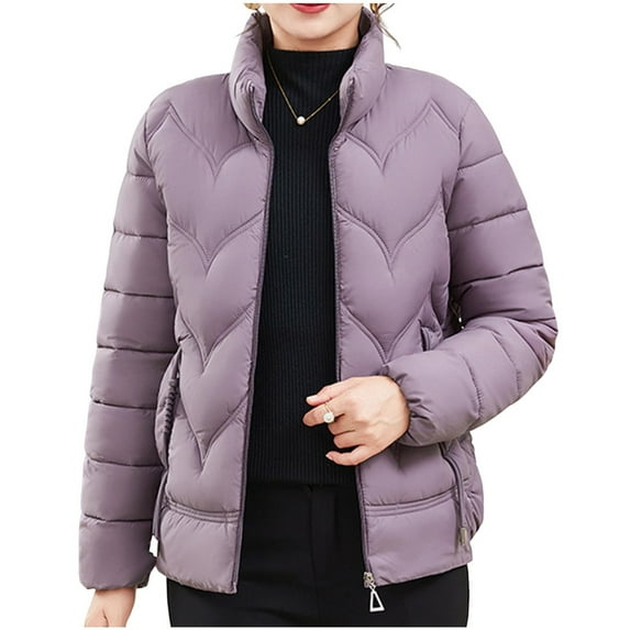 hoksml Women's Winter Plus Size Down Coat Stand Collar Solid Color Long Sleeve Lightweight Thin Slim Light Pocket Zipper Down Jacket Top 2XL-5XL
