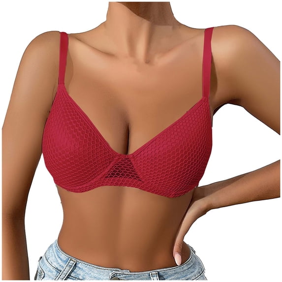 hoksml Women's Wireless Honeycomb Mesh Bra, Adjustable Straps Light Support Comfort Bra with Plunge V-Neck