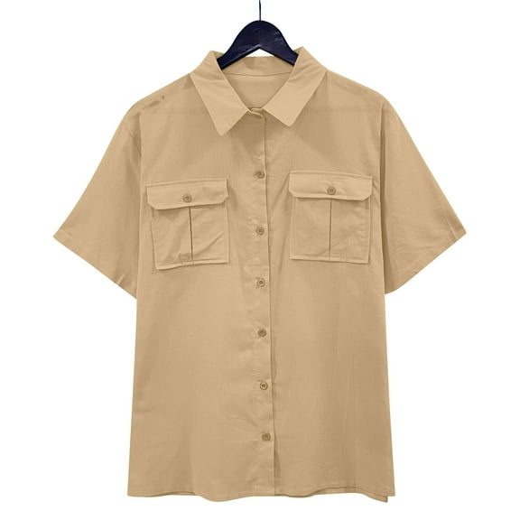 hoksml Womens Button-Down Shirts Summer Lapel Breasted Double Pocket Short Sleeved Blouses Solid Color Collared Work Tops Casual Top