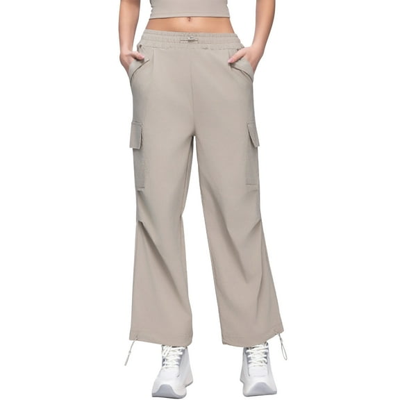 hoksml Womens Cargo Pants Solid Color Drawstring Casual Pants Elastic Waist Wide Leg Workwear Pants Multi-Pockets Ankle-tied Pants‌
