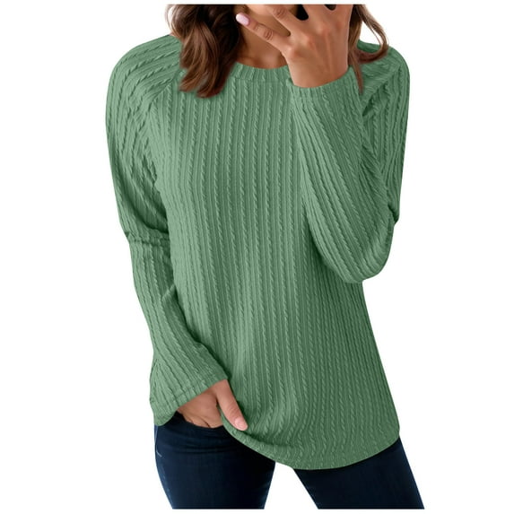 hoksml Womens Casual Long Sleeved Shirt Solid Color Round Neck Top Fall Loose Fashionable Lightweight Pullover