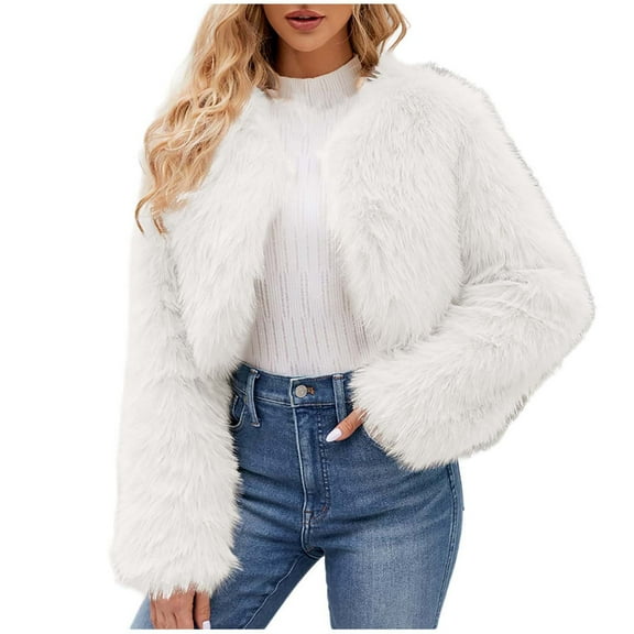 hoksml Womens Cropped Faux Furry Coat Ladies Winter Warm Solid Color Long Sleeves V-neck Outerwear Jacket Cardigan Top