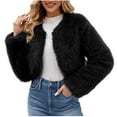 thumbnail image 1 of hoksml Womens Cropped Faux Furry Coat Ladies Winter Warm Solid Color Long Sleeves V-neck Outerwear Jacket Cardigan Top, 1 of 9