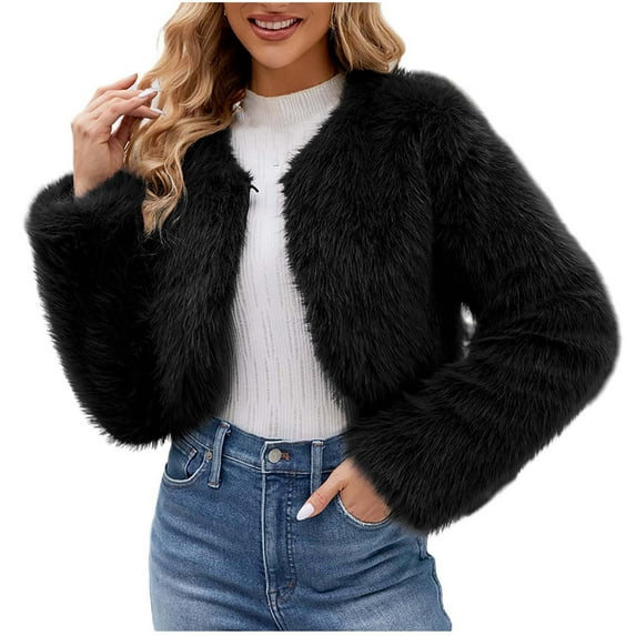hoksml Womens Cropped Faux Furry Coat Ladies Winter Warm Solid Color Long Sleeves V-neck Outerwear Jacket Cardigan Top