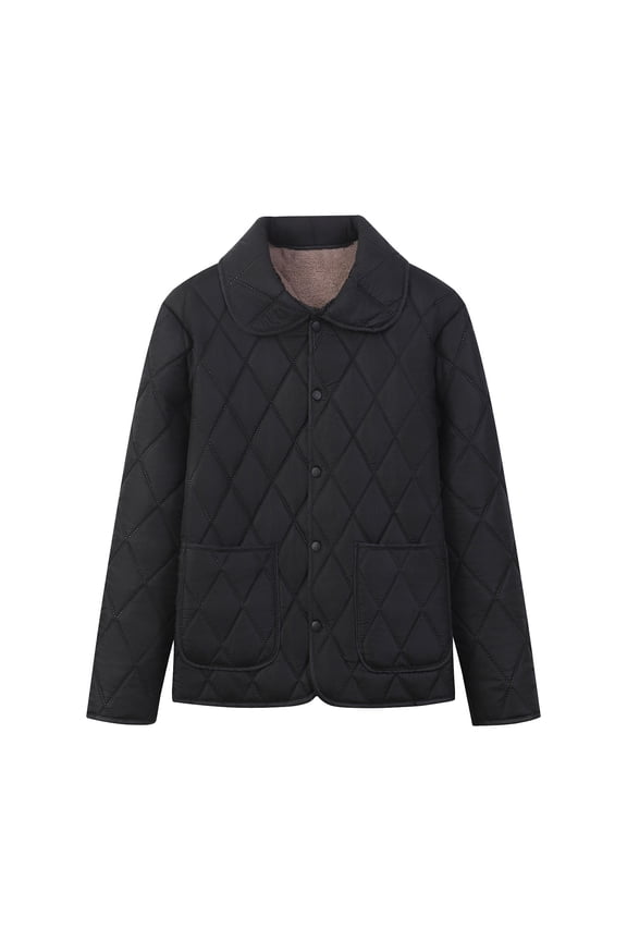 Womens Fall Winter Fleece Lining Quilted Jacket Long Sleeve Solid Turndown Collar Coat Warm Outerwear with Pockets