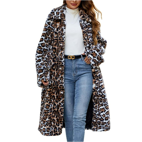 hoksml Womens Faux Furry Jacket Autumn Winter Ladies Long Warm Leopard Coats Turn-Down Collar Outerwear