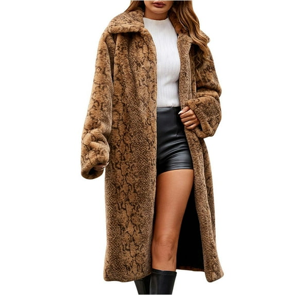 hoksml Womens Faux Furry Jacket Autumn Winter Ladies Long Warm Leopard Coats Turn-Down Collar Outerwear