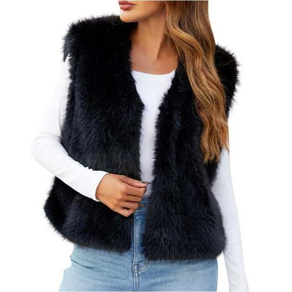hoksml Womens Faux Furry Vest Cardigan Ladies Sleeveless Winter Warm Coat Solid Color V-neck Outerwear Cropped Vests Jacket