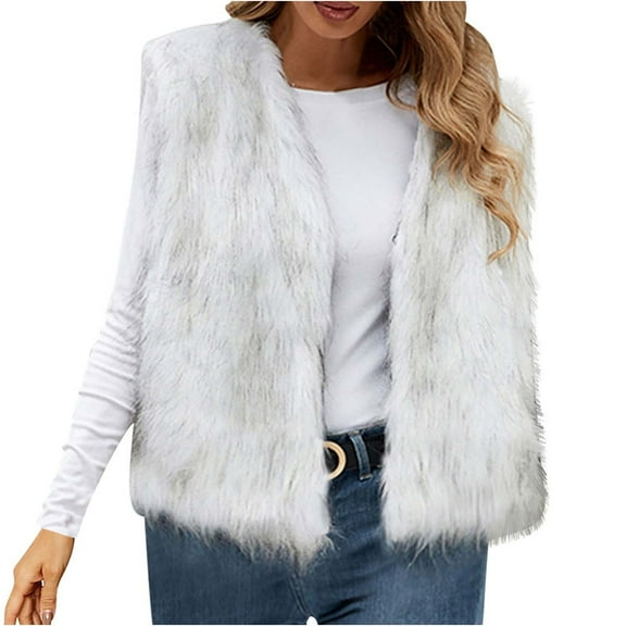 hoksml Womens Faux Furry Vest Cardigan Ladies Sleeveless Winter Warm Coat Solid Color V-neck Outerwear Cropped Vests Jacket
