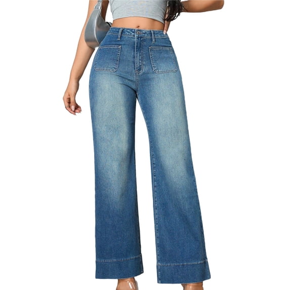 hoksml Womens High Waisted Wide Leg Jeans Cuffed Hem Washed Denim Pants with Front Patch Pockets