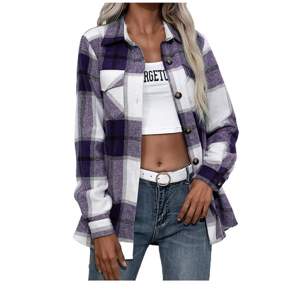 hoksml Womens Long Sleeve Warmth Lapel Plaid Shirts Casual Cardigan Loose Buttons Long Jacket