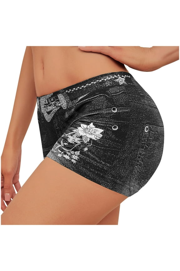 Womens Pull On Denim Print Boyshort Casual Shorts Soft Stretch Daily Lounge Shorts Multiple Colors