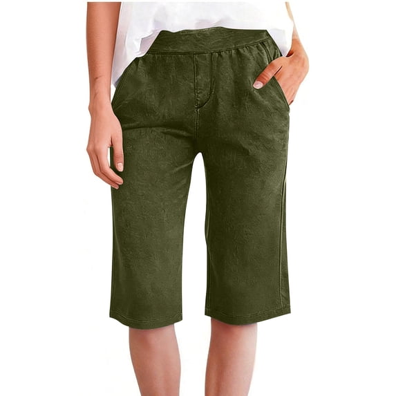 hoksml Womens Pull On Faux Denim Capri Pants Elastic Waist Multiple Colors Summer Casual Trousers with Pockets