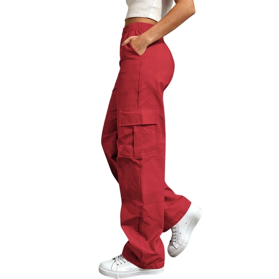 hoksml Womens Pull On Wide Leg Cargo Pants Elastic Waist Casual Daily Trousers with Pockets Multiple Colors