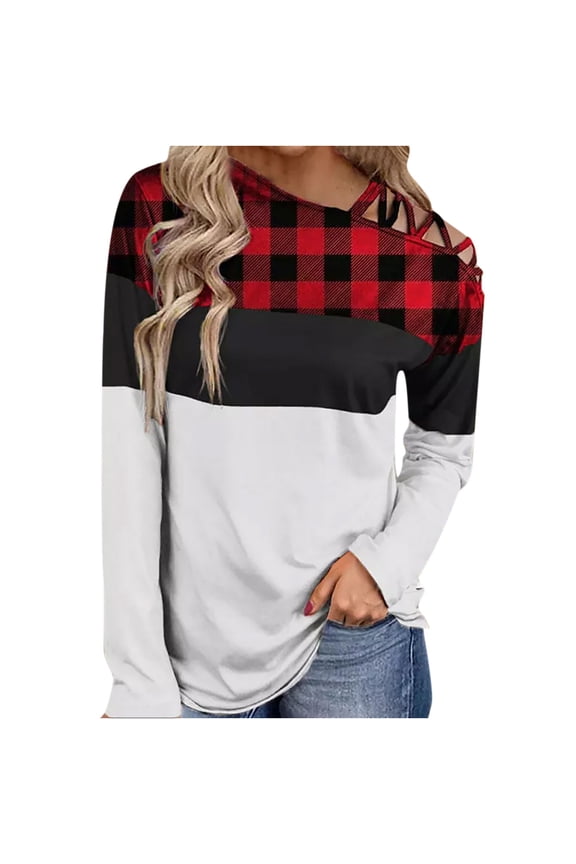 Womens Spring Fashion Women Long Sleeves Shoulder Off-the-shoulder Cross Strap Plaid Color Block Tops Leopard Print Blouse Tunic Tops