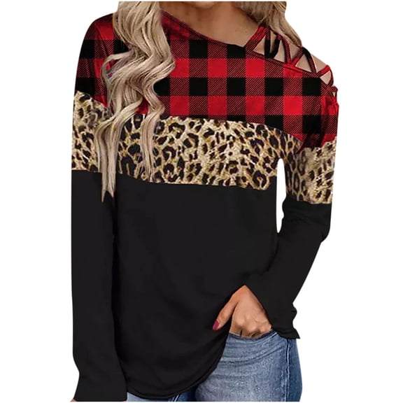 hoksml Womens Spring Fashion Women Long Sleeves Shoulder Off-the-shoulder Cross Strap Plaid Color Block Tops Leopard Print Blouse Tunic Tops